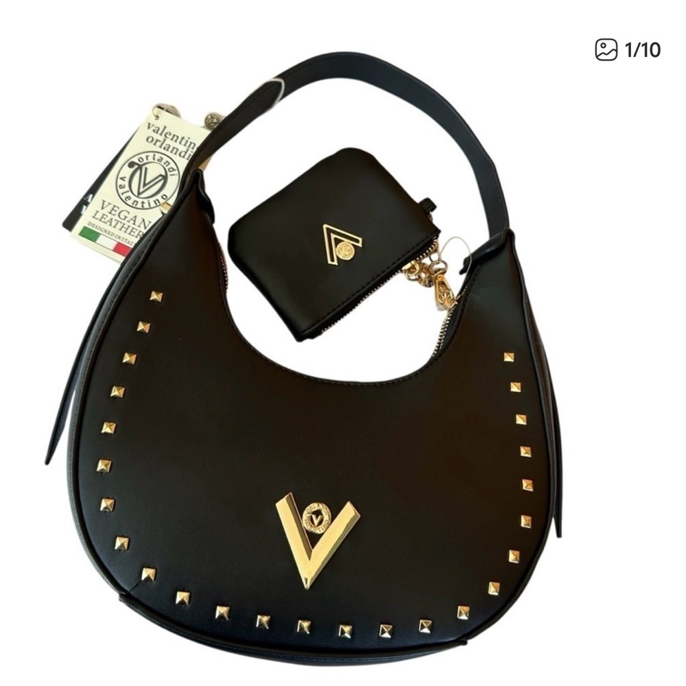 Valentino Orlandi Black Vegan Leather Shoulder Bag with Gold Accents